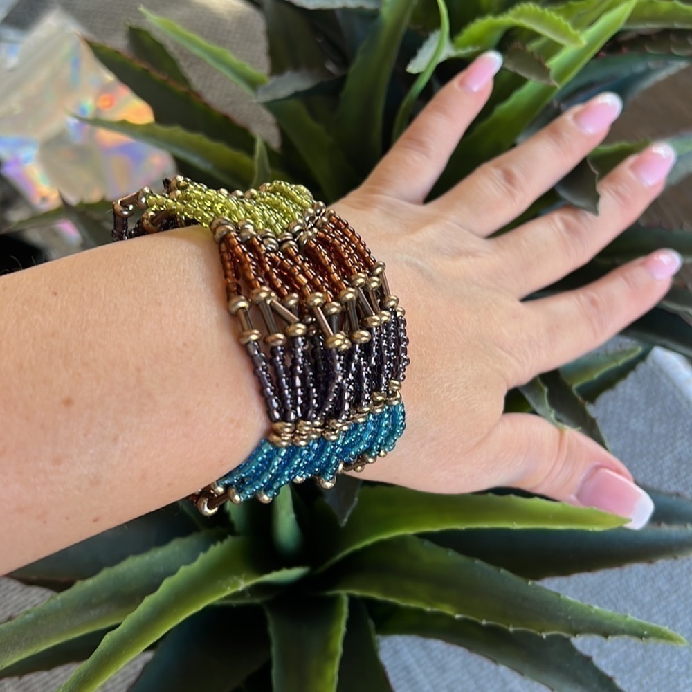 Handmade cuff stretch bracelet, colorful seedbeads, earth tones, 6”-6.5”W